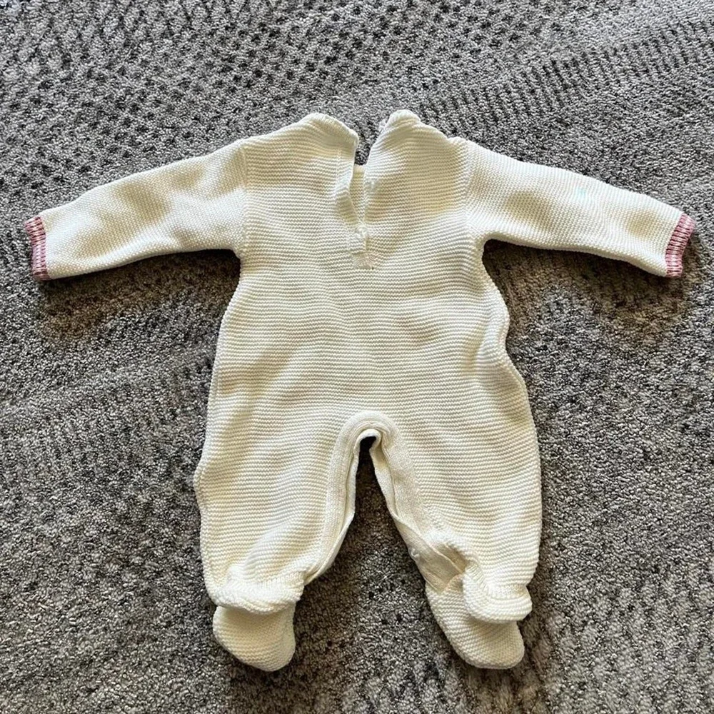 Vintage hand knit cotton dainty flower romper 0-3